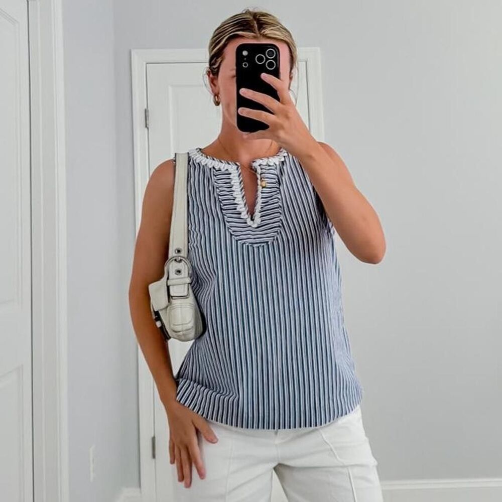 talbots Women's White and Blue preppy striped tank top resortwear